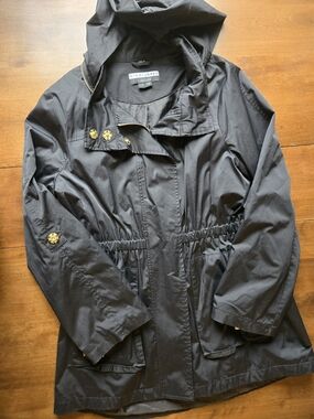 Nikki Jones Casual Black Hooded Rain Jacket Lightweight Windbreaker Size Large
